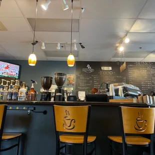 a bar with chairs and a chalkboard