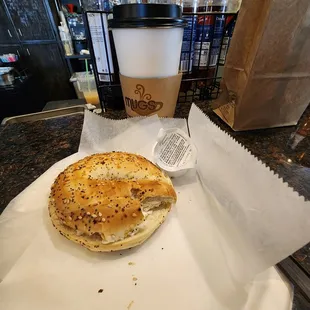 Mocha and an Everything bagel toasted with cream cheese.