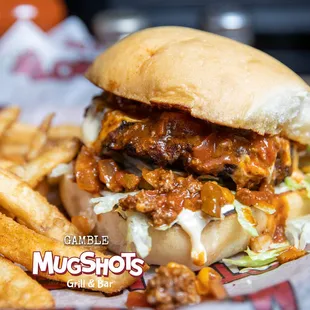 a chili cheeseburger and fries
