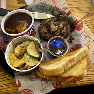 Chopped steak, mashed potatoes, broiled zucchini at Mugshots