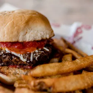 Pizza Burger...pepperoni, marinara sauce, and mozzarella cheese.