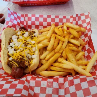 Signature chili dog and fries combo. It comes with a drink also (Coke products).