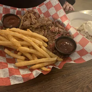 Two meat, fries &amp; mashed potatoes