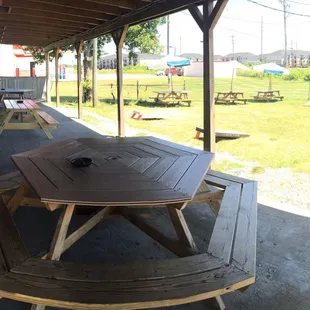picnic tables and umbrellas