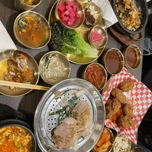 Bossam, soy garlic wings, bibimbap
