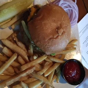 Delicious cheeseburger with fries