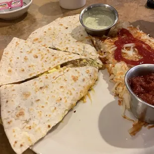 Breakfast quesadilla (so good, loved the green sauce)