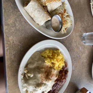 Pulled pork breakfast burrito and biscuits and gravy