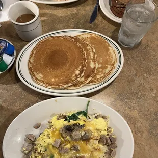 Scramble, pancakes