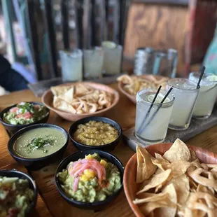 Tequila flight, salsa flight, chips and tequila shots