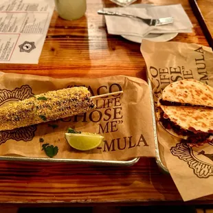 Elote Mexican street corn and chorizo Mulitas. Excellent and chorizo was not greasy.