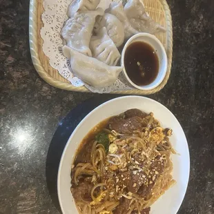 Pad Thai (spicy beef) &amp; pork dumplings