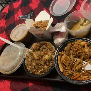 House lo mein, shrimp fried rice, garlic chicken, hot and sour soup and wonton soup