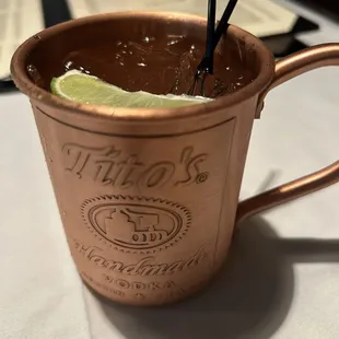 All American mule-Tito&apos;s homemade vodka, ginger beer, and lime juice