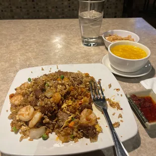 Spicy shrimp / beef fried rice &amp; egg drop soup was delicious!