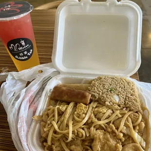 Lunch special: Chicken lo mein, fried rice, &amp; spring rolls