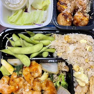 Shrimp teriyaki bento box to go + takoyaki