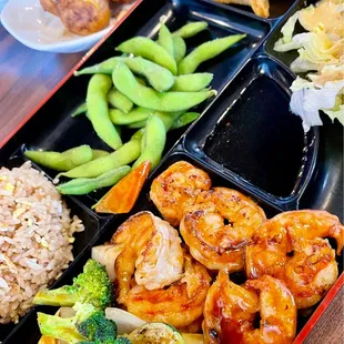 Teriyaki shrimp bento box + takoyaki