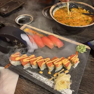Spicy Black Garlic Ramen, Phoenix Roll, tuna Nigiri