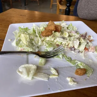 House Salad-- half of it removed to another plate. Seemed like home- made croutons-- they were great along with house- made ranch.