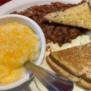 homemade hash, eggs, rye toast, cheese grits-great breakfast