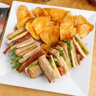 a plate of sandwiches and chips