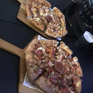Hawaiian and meat lovers pizza