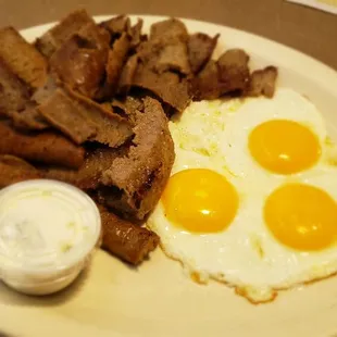 Generous breakfast plate, lots of gyro meat.