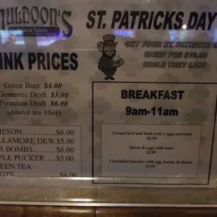 menu for st patrick's day