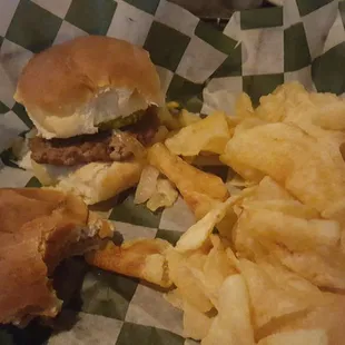 (half-eaten) sliders and chips