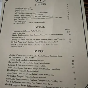 Food menu, lots of variety and flavors