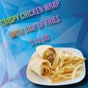 a chicken wrap with side of fries $ 10 00