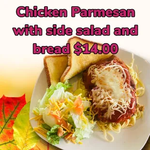 chicken parmesan with side salad and bread