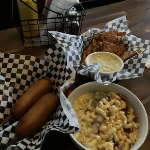 Corn dogs, Mac and Cheese with Bacon and Pita Chips with Artichoke Dip.