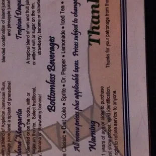 Menu showing menu promises bottomless sodas.