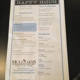 Happy hour menu