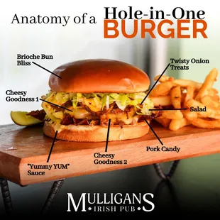 Hole-in-One Burger

Shredded lettuce, melted cheddar &amp; Swiss, bacon, onion straws &amp; zesty petal sauce on grilled brioche