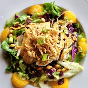 Mandarin Salad with Grilled Chicken | Mixed greens, craisins, mandarin oranges, wontons, peanuts, and chives, Thai sesame dressing