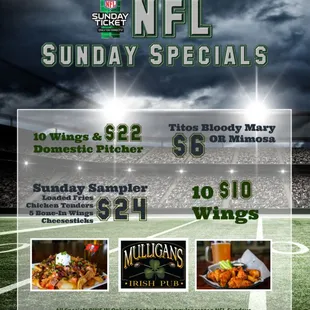 2023 NFL Sunday Specials at Mulligan&apos;s Irish Pub