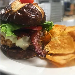 a burger and potato chips