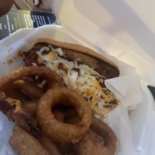 Chili Dog and Onion Rings