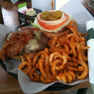 Bacon/Swiss cheeseburger with curly fries. (2/18/12)