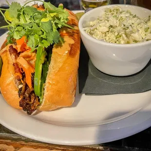 Pork Belly Banh Bahn MI Sandwich with slaw side. A+