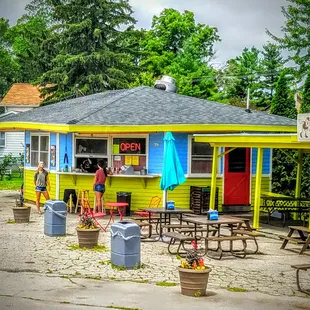 a yellow and blue building