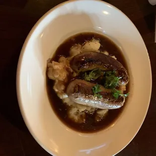Bangers and mash with a beef and red wine sauce. 8-8-19