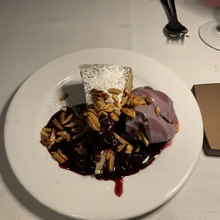 Almond cake with Blueberry sauce and goat cheese ice cream