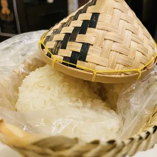 Khao niew (sticky rice) in mini bamboo basket