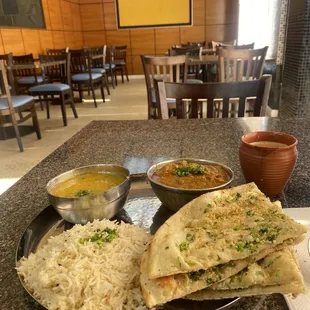 Malvani Chicken Thali (14.99), garlic naan upgrade 1.99