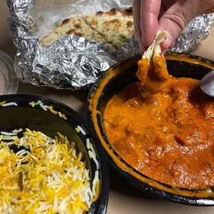 Biryani rice, Butter chicken, Garlic Naan