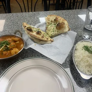 Shrimp curry, rice, garlic naan